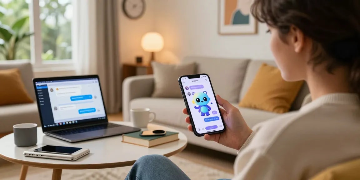 Engaging user experience with spicy chat AI chatbot on smartphone in a cozy modern living room.