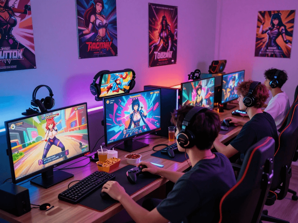 Engaged friends playing interactive hentai games in a vibrant gaming room, showcasing colorful graphics and immersive experiences.