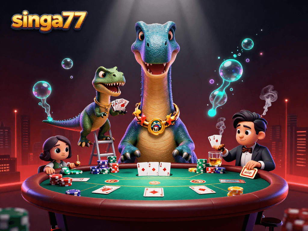 singa77 showcases a vibrant casino scene with a massive brontosaurus and raptor engaging over poker