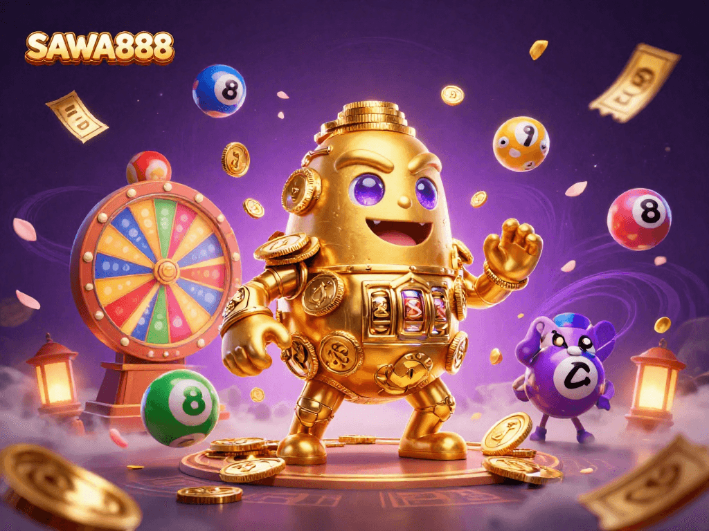 Experience the excitement of SAWA888 with a dynamic scene of a golden golem surrounded by vibrant casino elements.