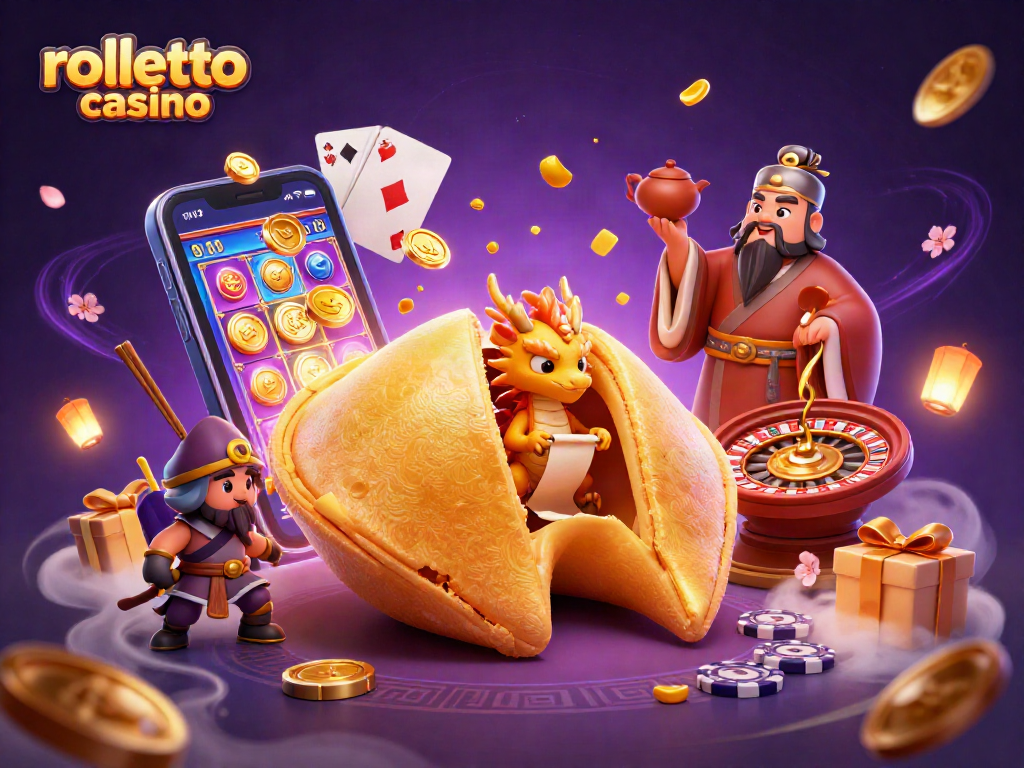 Win big at Rolletto Casino with a magical scene featuring fortune cookies and animated gaming elements.