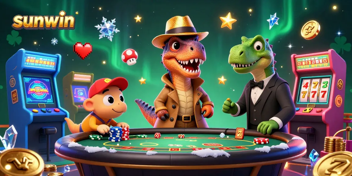Experience sunwin excitement as a velociraptor and stegosaurus navigate a vibrant casino scene.