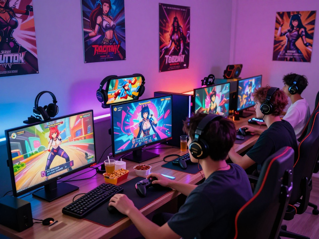 Engaged friends playing interactive hentai games in a vibrant gaming room, showcasing colorful graphics and immersive experiences.