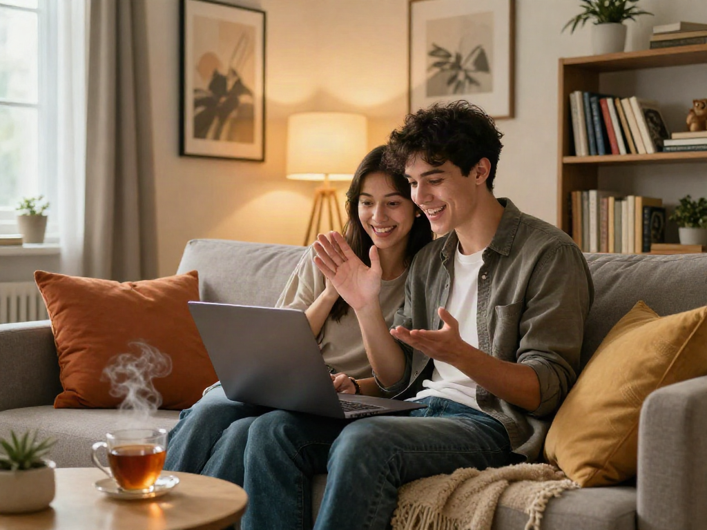 Couple enjoying a friendly sexchat on a laptop in a cozy living room.