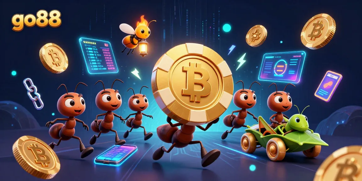 go88 showcases a team of cartoon ants in a heist with a golden poker chip surrounded by digital crypto assets