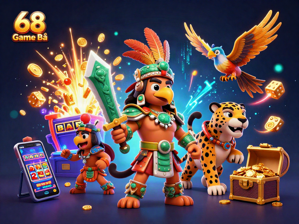 Experience the thrill of 68 Game Bài with vibrant characters and exciting casino elements in this dynamic illustration.