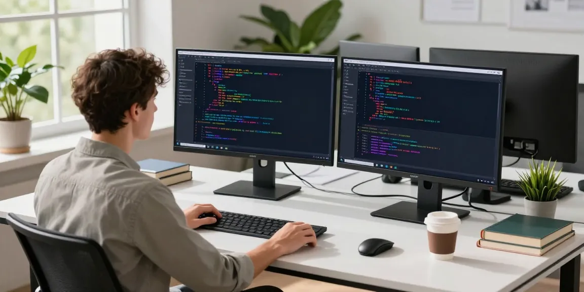 Workspace scene with a developer coding using instant indexing tools amidst modern tech elements.
