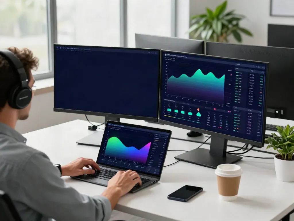 Main crypto channel trading workspace showcasing Bitcoin pricing analysis on dual monitors.