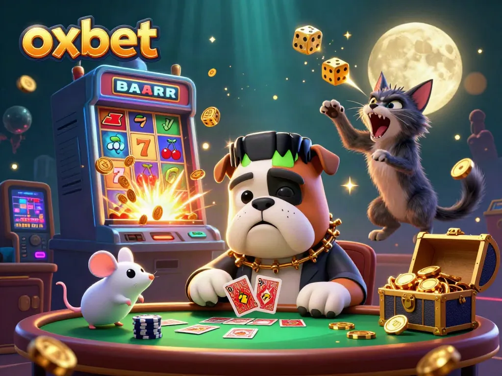Experience the thrill of Oxbet's casino games with a vibrant 3D illustration featuring unique characters and dynamic gaming elements.