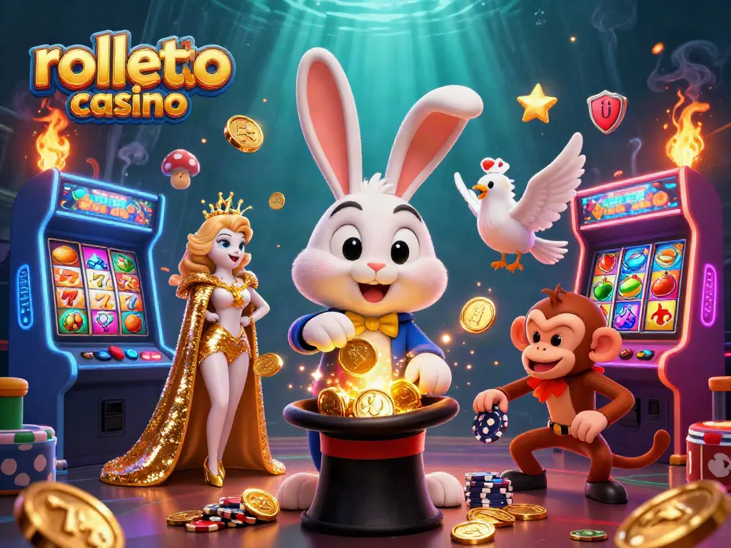 Experience the vibrant action at rolletto casino with a 3D magician rabbit and thrilling game elements.