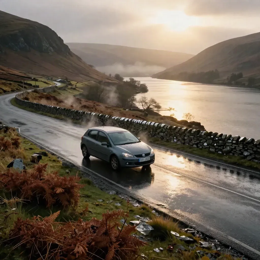 Wet Lake District road, family hatchback reflected in calm water beneath slate fells after rain.