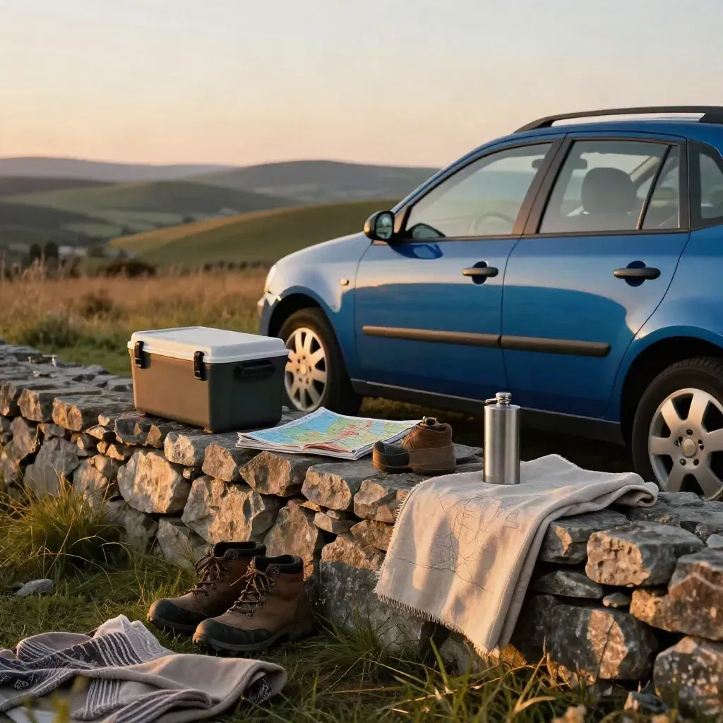 Estate car by a stone verge with picnic gear, atlas, boots and flask in warm evening light.