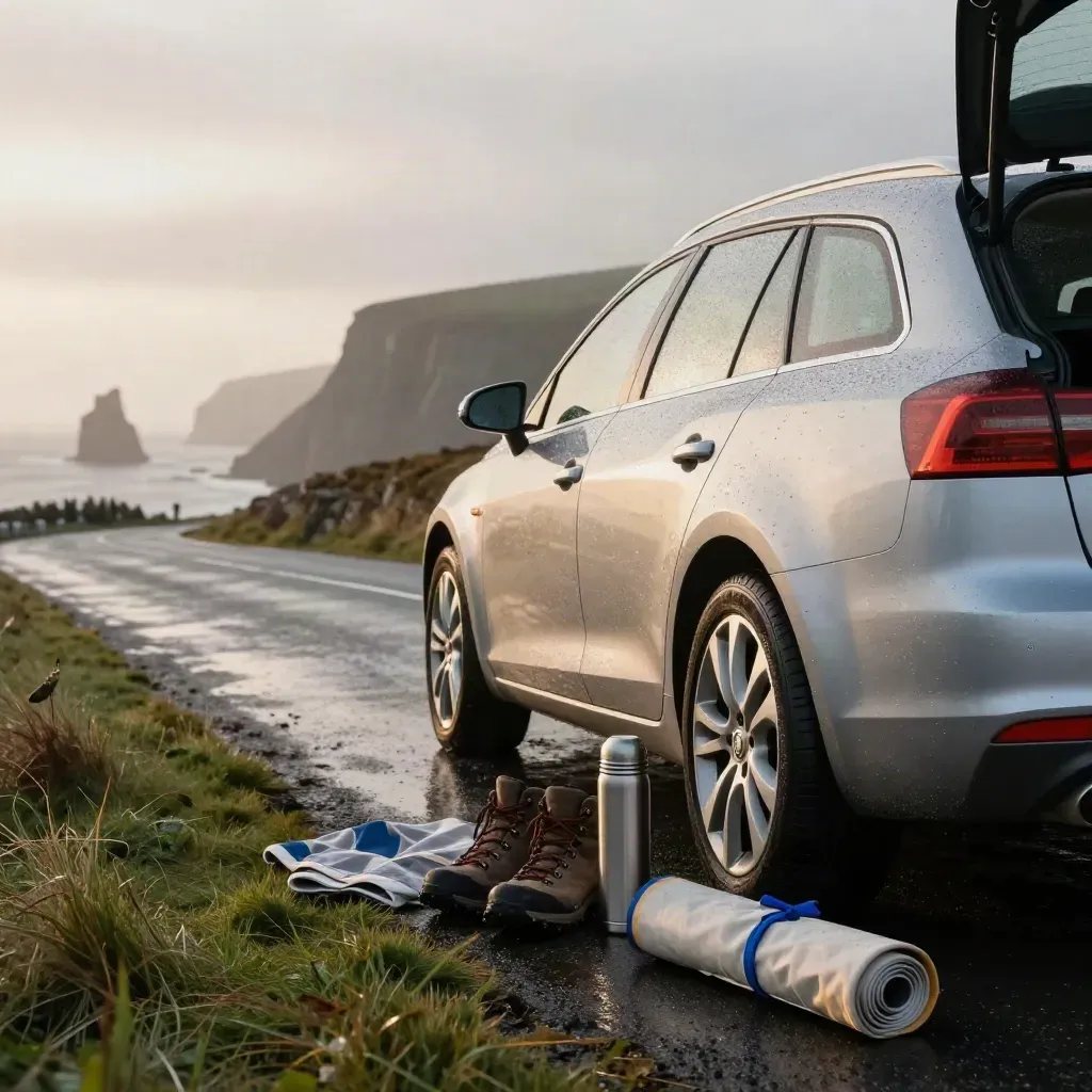 Silver estate car with boots and travel kit by a wet Cornish cliff road at dusk.