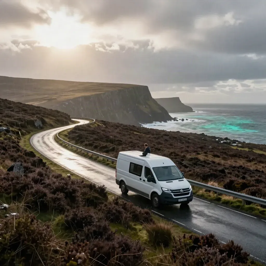 High coastal road with a campervan on the North Coast 500 under breaking sun and rain.