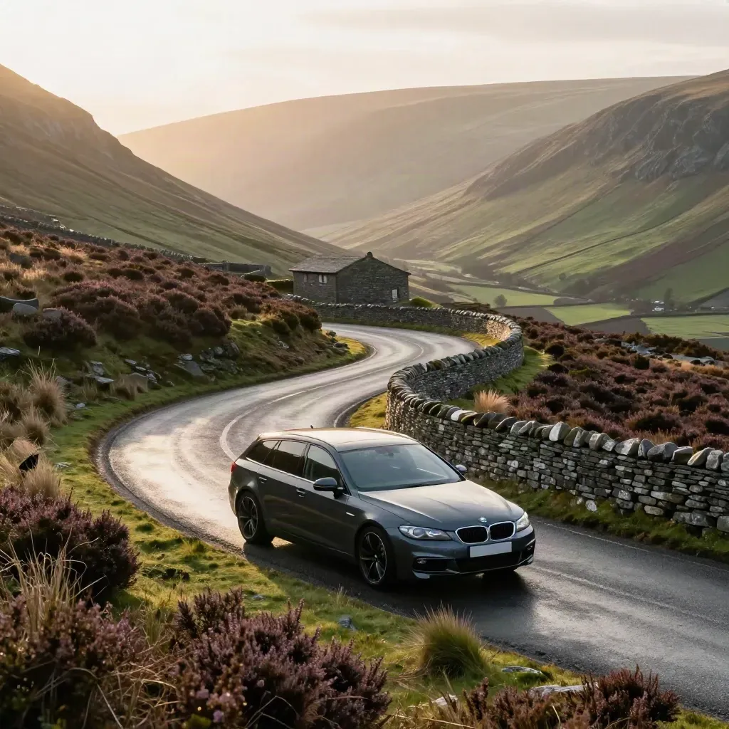 Car rounds a misty South Wales valley bend beside dry-stone walls and heather slopes.