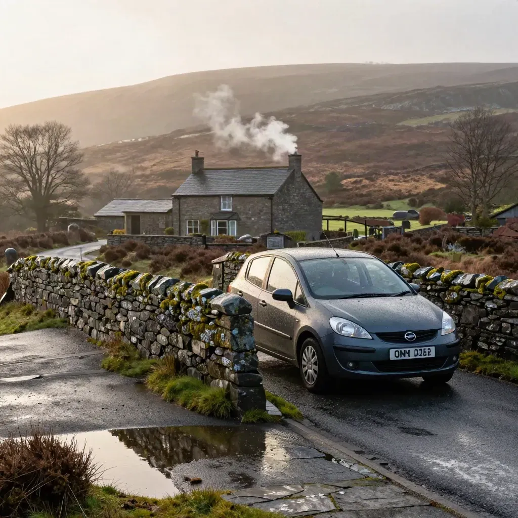 Parked car by a stone bridge on a misty Yorkshire Dales lane, steam rising from the moor.