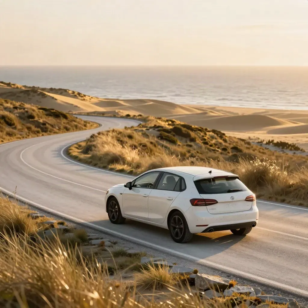 Hatchback on a coastal bend above golden dunes and the sea in late sun.