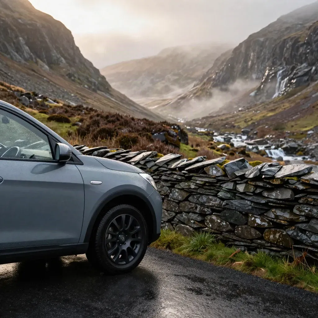 Car beside a slate wall on a misty Snowdonia pass with a waterfall behind