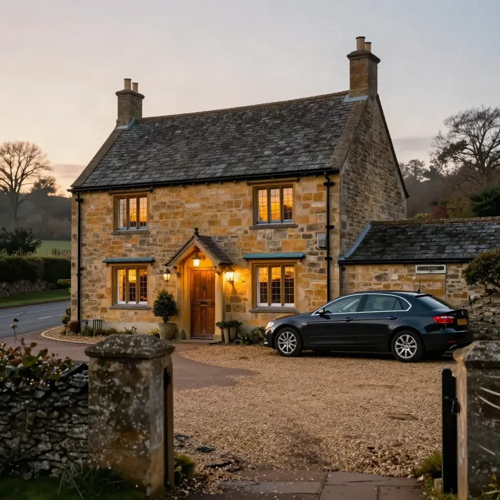 Country pub frontage with parked car, gravel car park, stone wall and lantern glow at dusk.