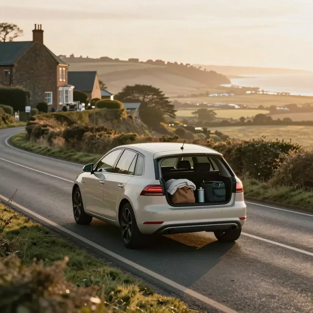 Estate car at dawn on a coast-bound road with sunrise glare and packed travel gear
