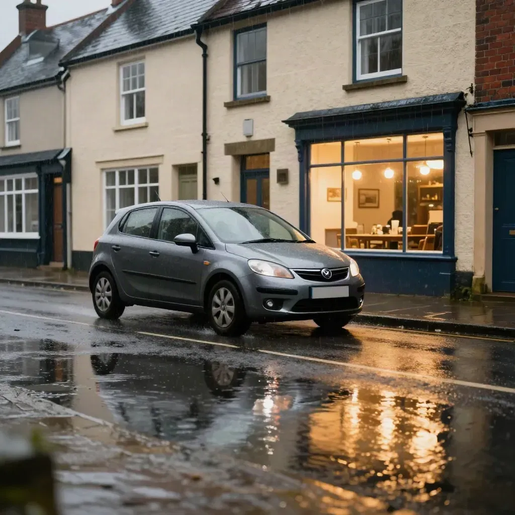 Car passing a rainy village cafe, with puddle reflections and warm window glow.