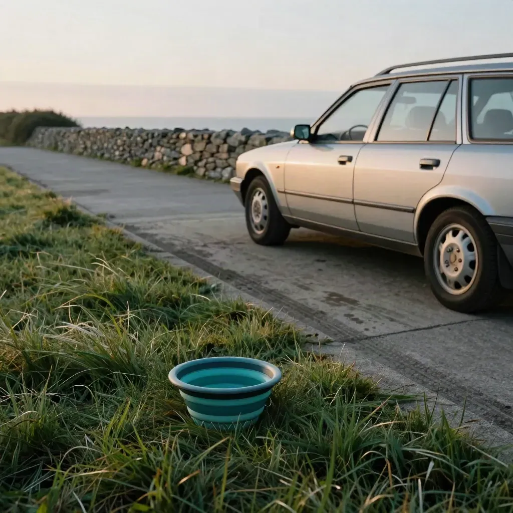 Coastal layby car beside a stone wall, teal water bowl and wind-ruffled grass at golden hour.