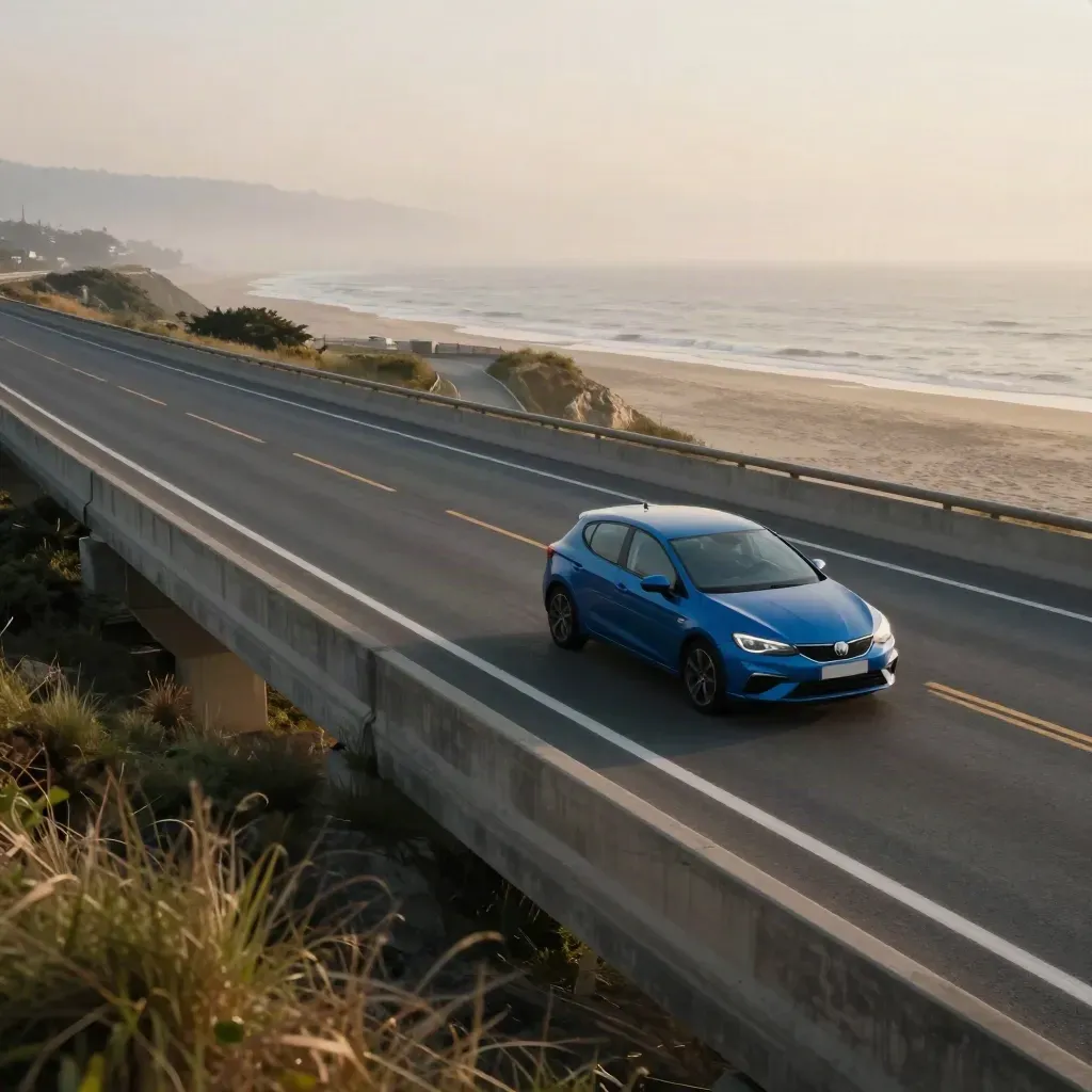 Cobalt-blue car on a coastal-bound road from an overpass, evening haze, Britain travel scene