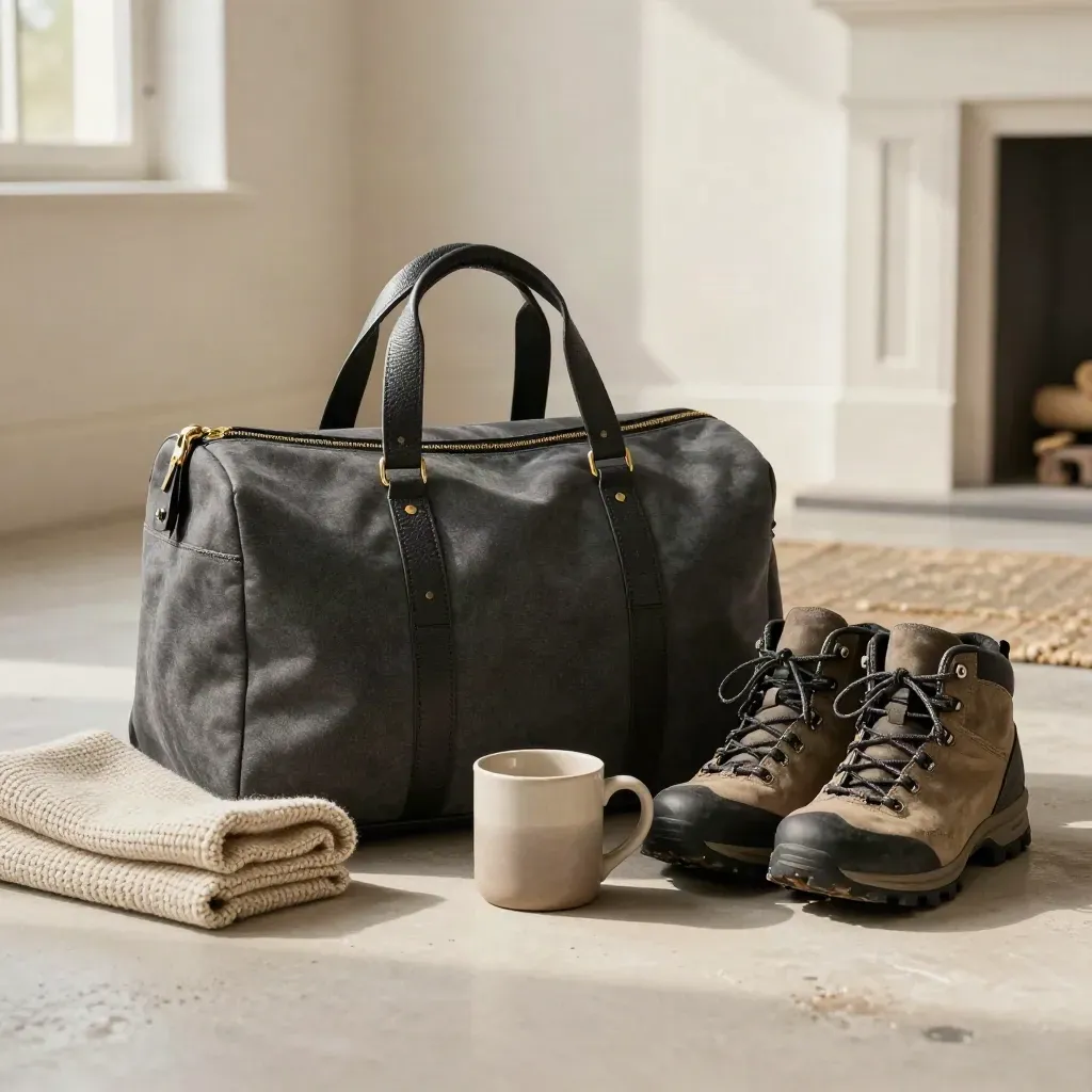 Weekender bag, knit throw, mug and boots by a plaster wall in soft window light.