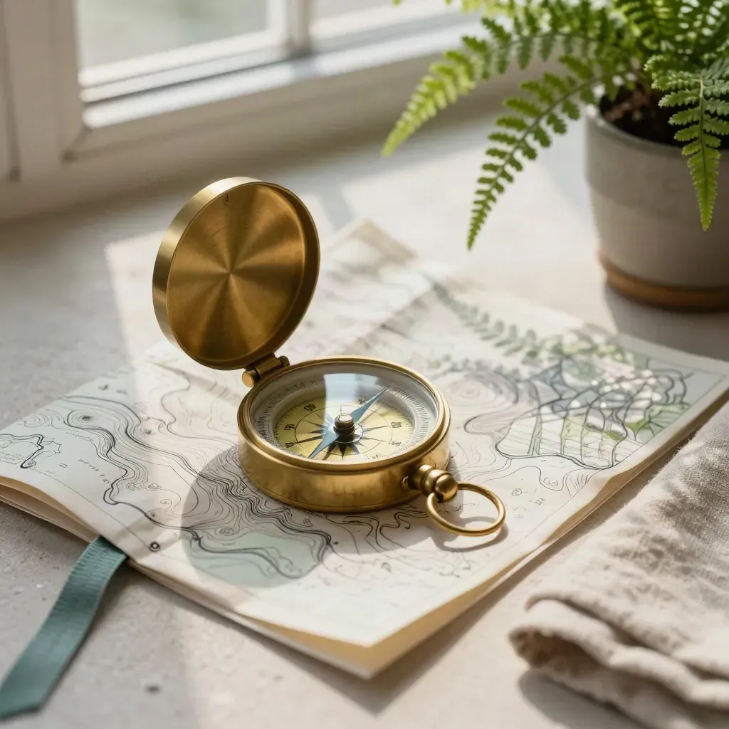 Brass compass on folded contour map beside a small fern on pale stone, lit softly from above.