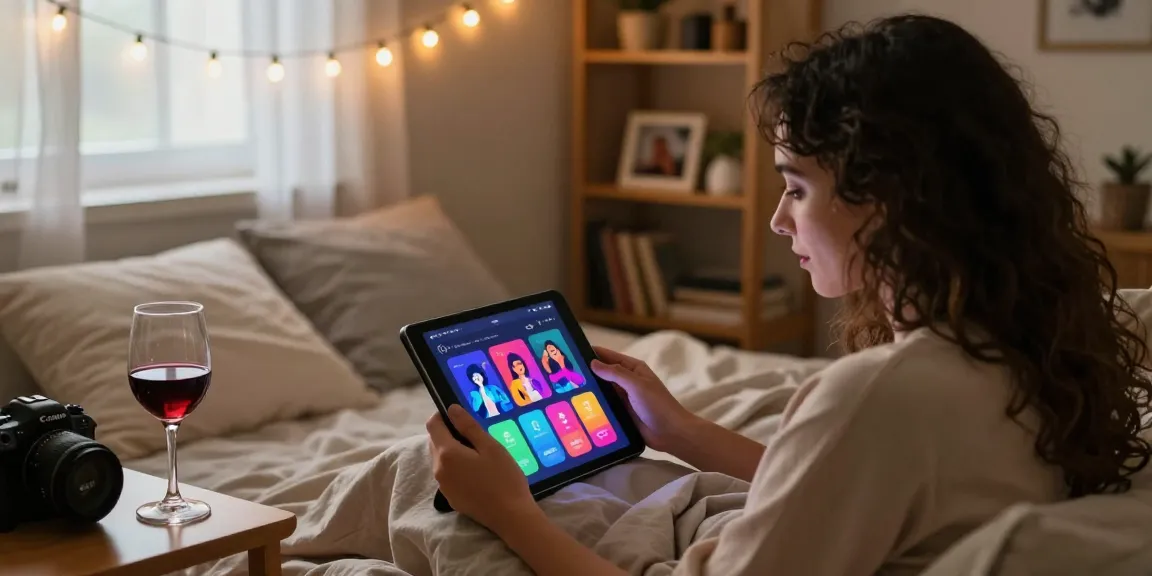 Explore sex AI in an intimate bedroom setting with a couple engaging with a digital tablet.