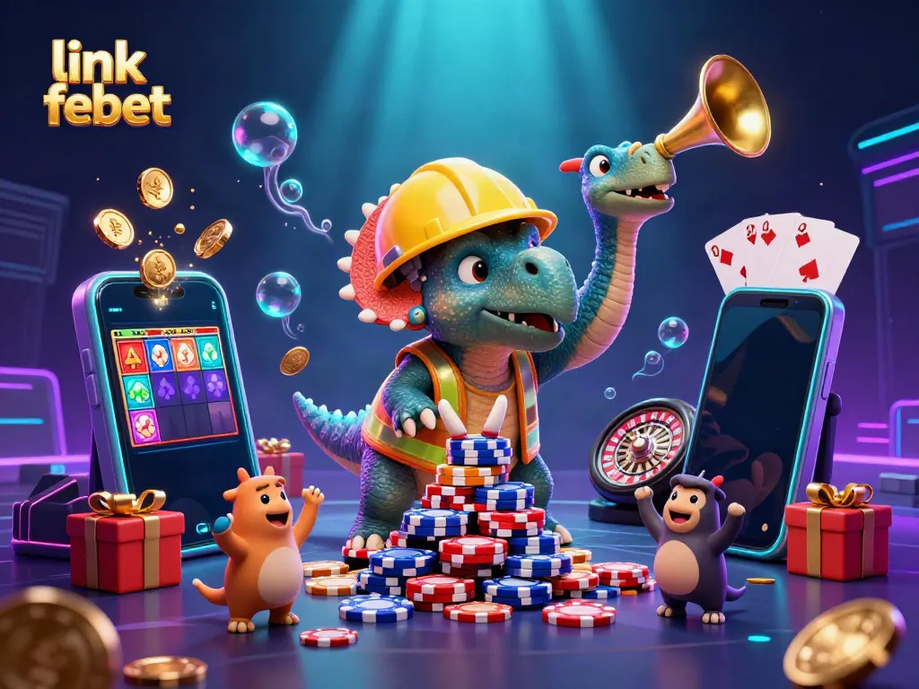 Engage with link febet through a dynamic 3D casino scene featuring a triceratops and slot games.