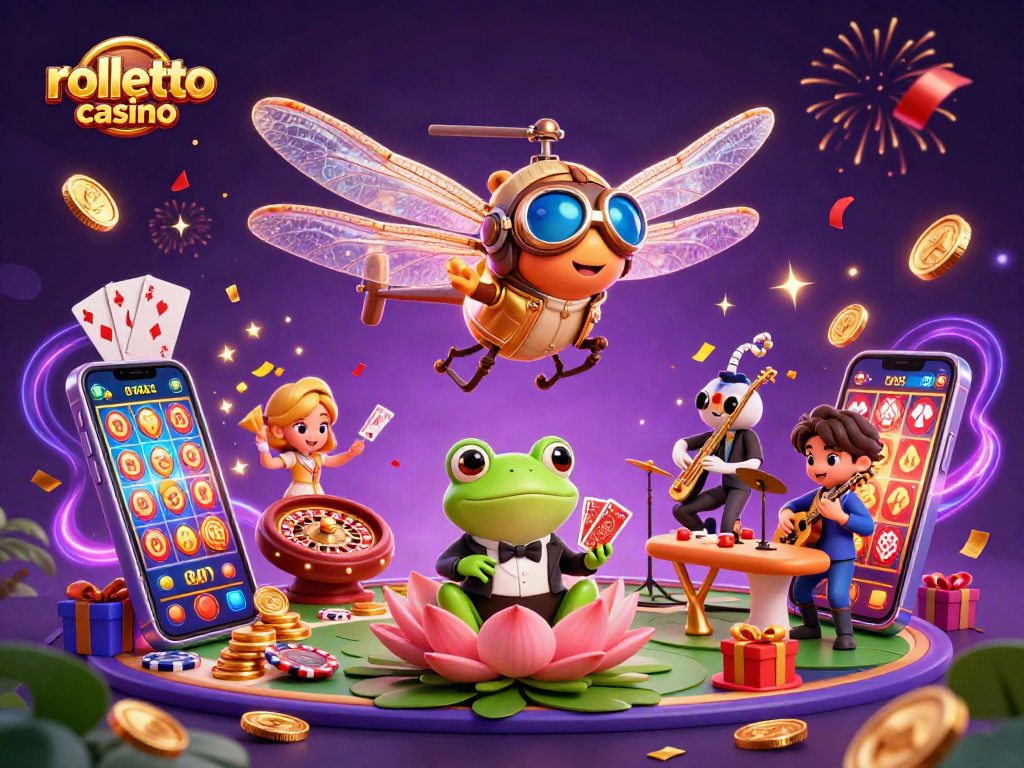 rolletto casino showcases a dynamic scene with a dragonfly pilot, frog croupier, and vibrant casino elements