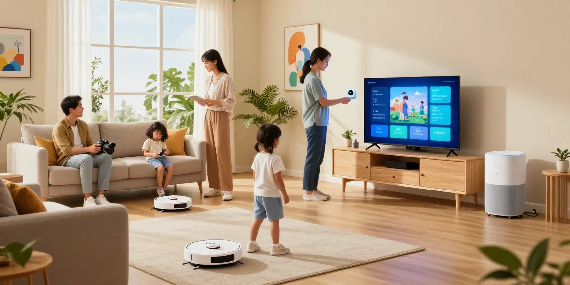 Family enjoying the best smart home gadgets 2026 in a modern living room, interacting with smart speakers and devices.