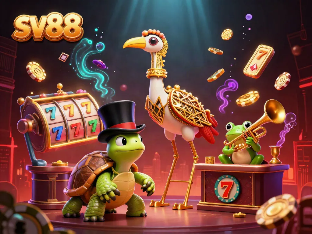 Engage with sv88's vibrant casino scene featuring slot machines and lively characters.