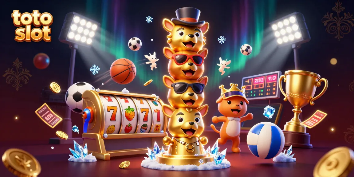 Experience the thrilling toto slot with a vibrant 3D casino scene full of slot reels and sports elements.