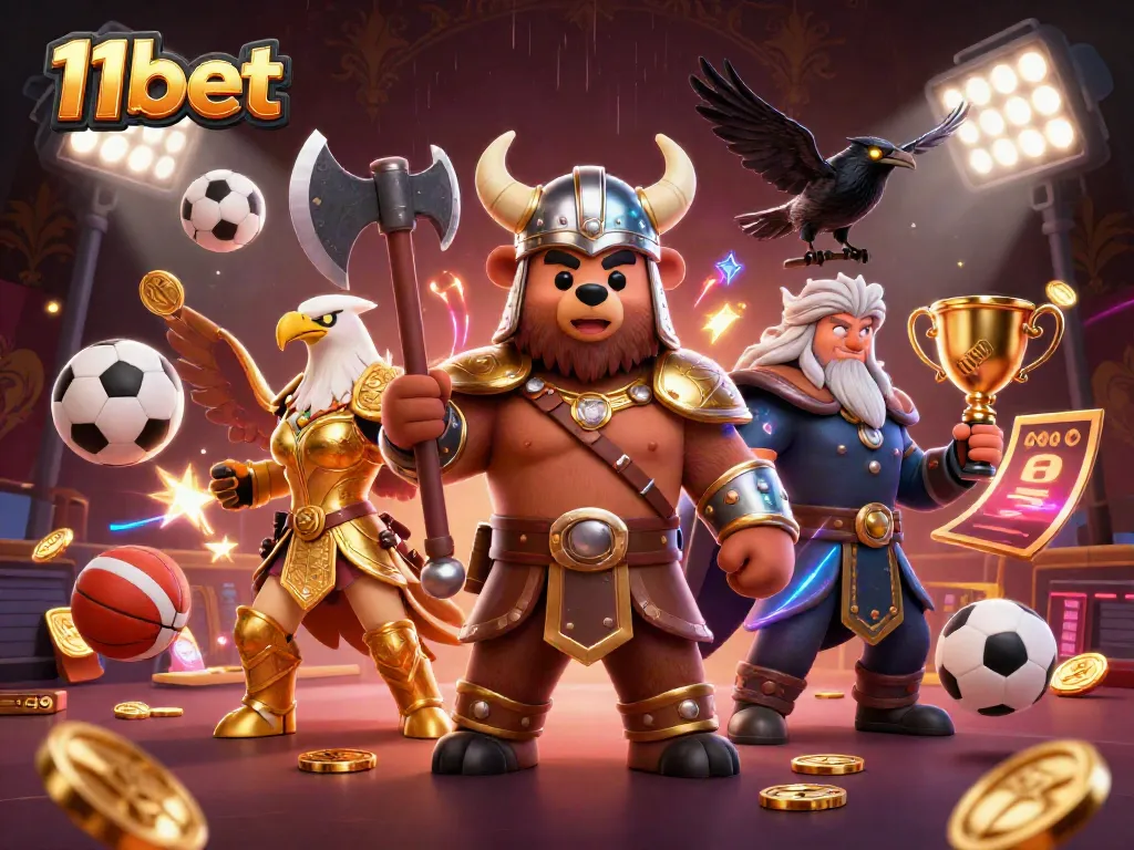 Engage with thrilling 11bet sports betting action featuring Viking bear and Valkyrie eagle in a dynamic 3D scene.