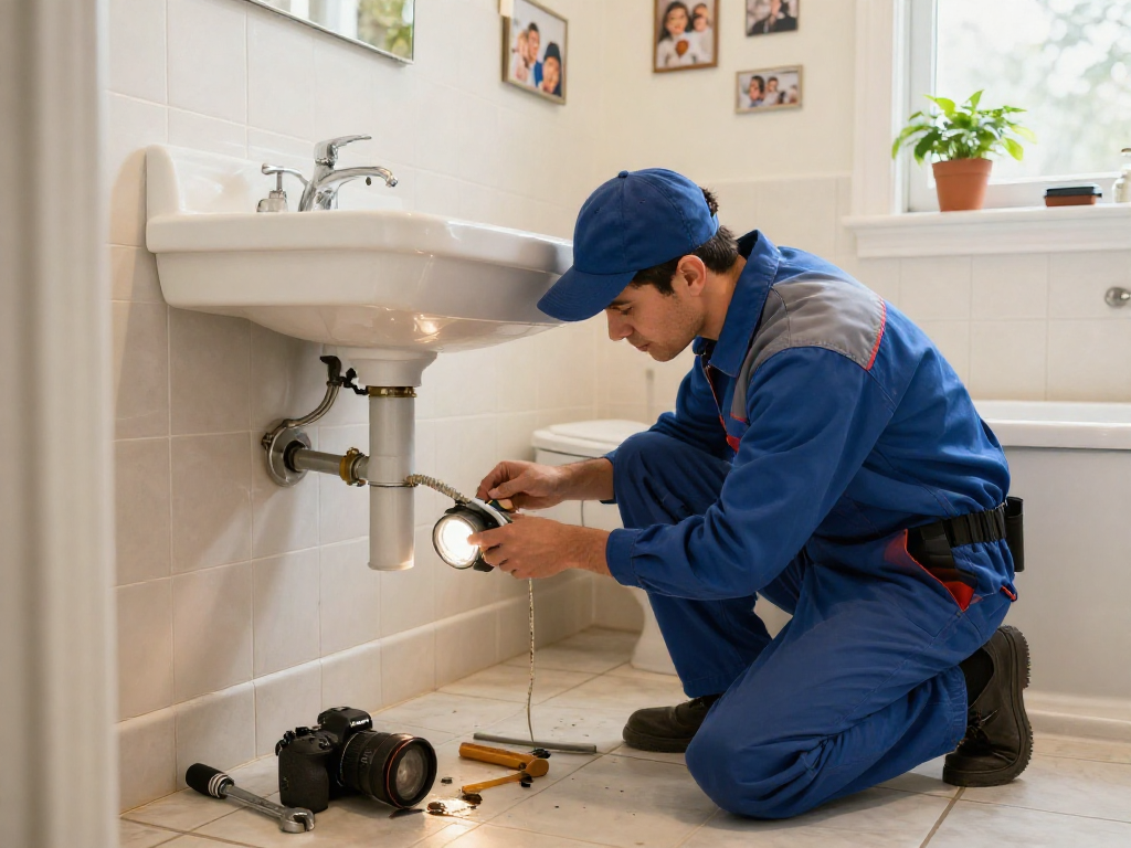 Dependable plumber Fort Worth inspecting a leak under a sink in a residential bathroom.