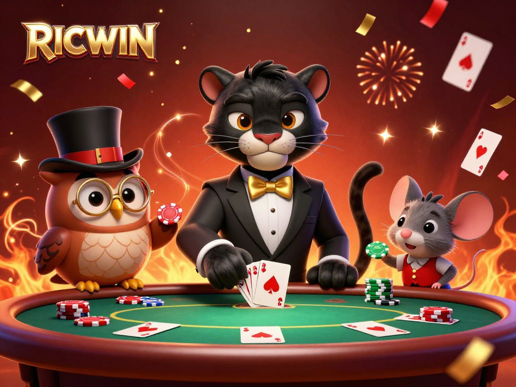 Join the stylish panther, owl, and lucky mouse in a vibrant poker scene at RICWIN casino.