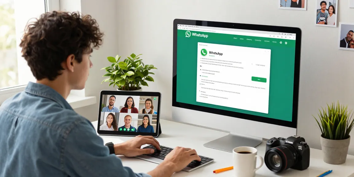 Efficient workspace featuring WhatsApp網頁版 messaging on desktop with tablet video calls and warm light.