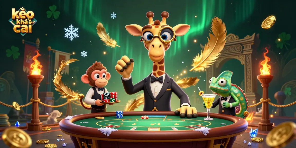 Experience kèo nhà cái in action with a sophisticated giraffe, monkey, and chameleon in a vibrant casino scene.