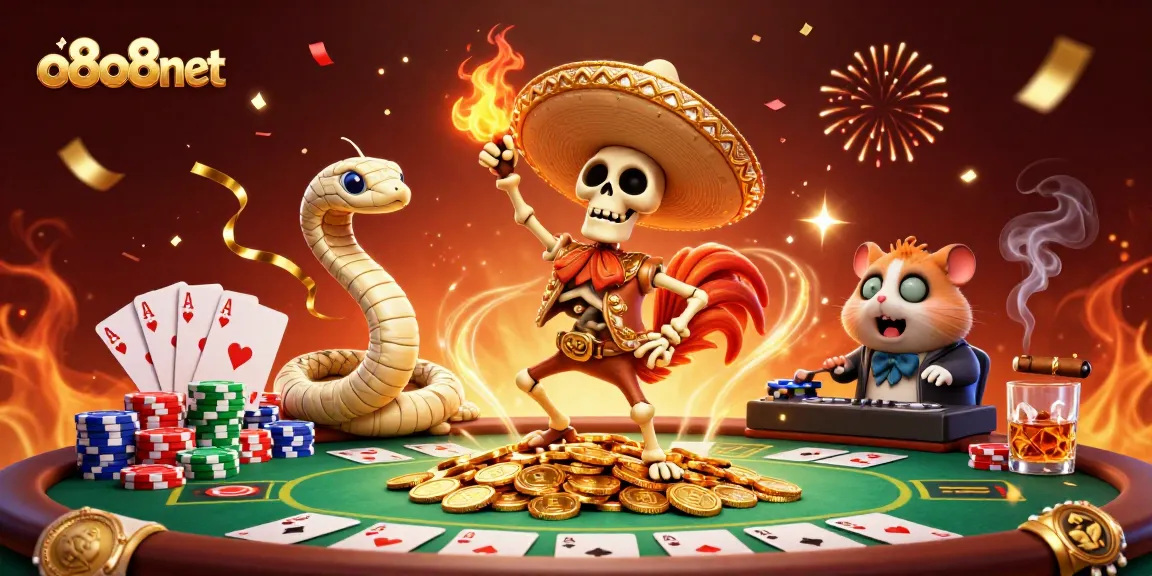 Experience the excitement of o8o8net with a vibrant 3D casino illustration featuring festive characters and poker elements.