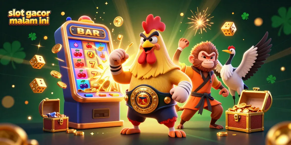Experience the thrill of slot gacor malam ini with dynamic characters and vibrant casino elements bursting into action.