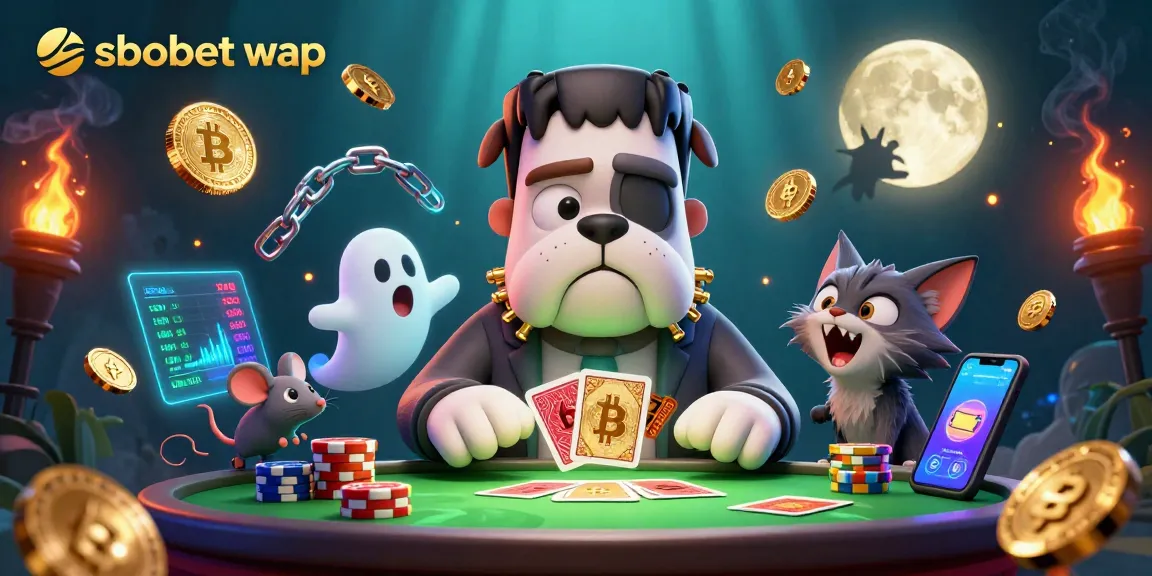 Experience sbobet wap as a cartoon bulldog dealer and a ghost mouse amidst vibrant casino elements.