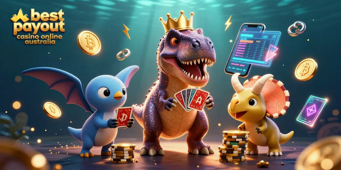 Watch a T-Rex shuffle cards at the best payout casino online Australia, stacked with chips and crypto elements.